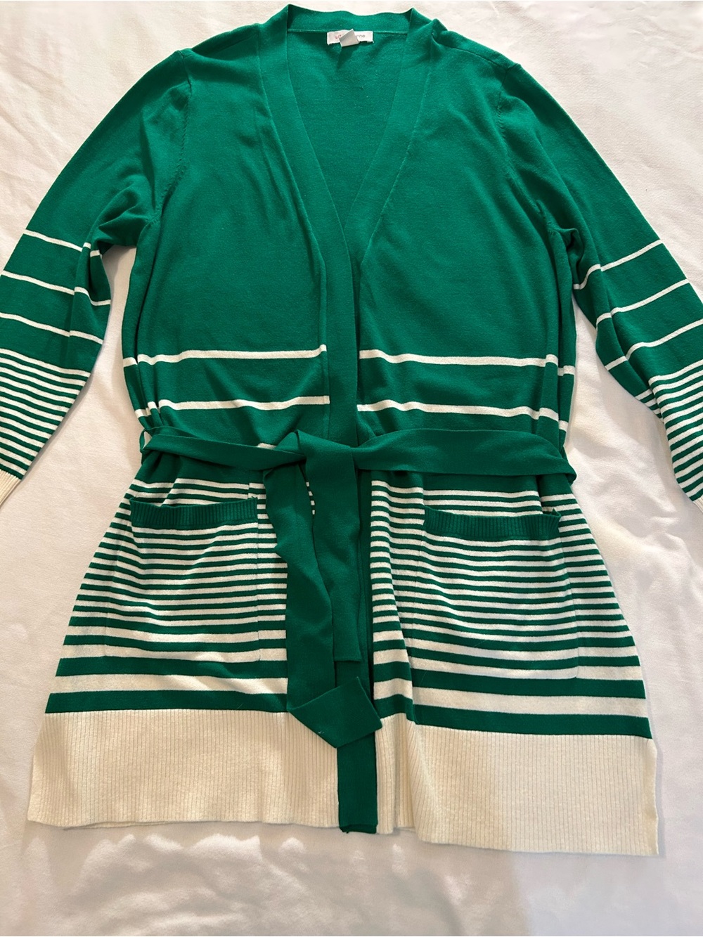 Liz Claiborne Green & Cream Striped Belted Cardigan